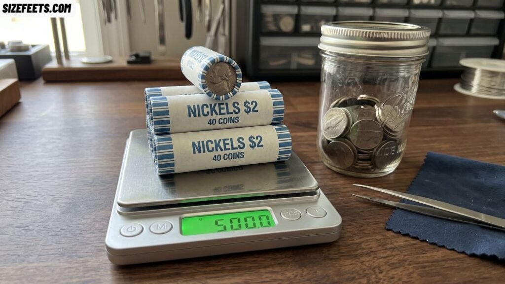 A stack of 100 US nickels that weigh exactly 500 grams