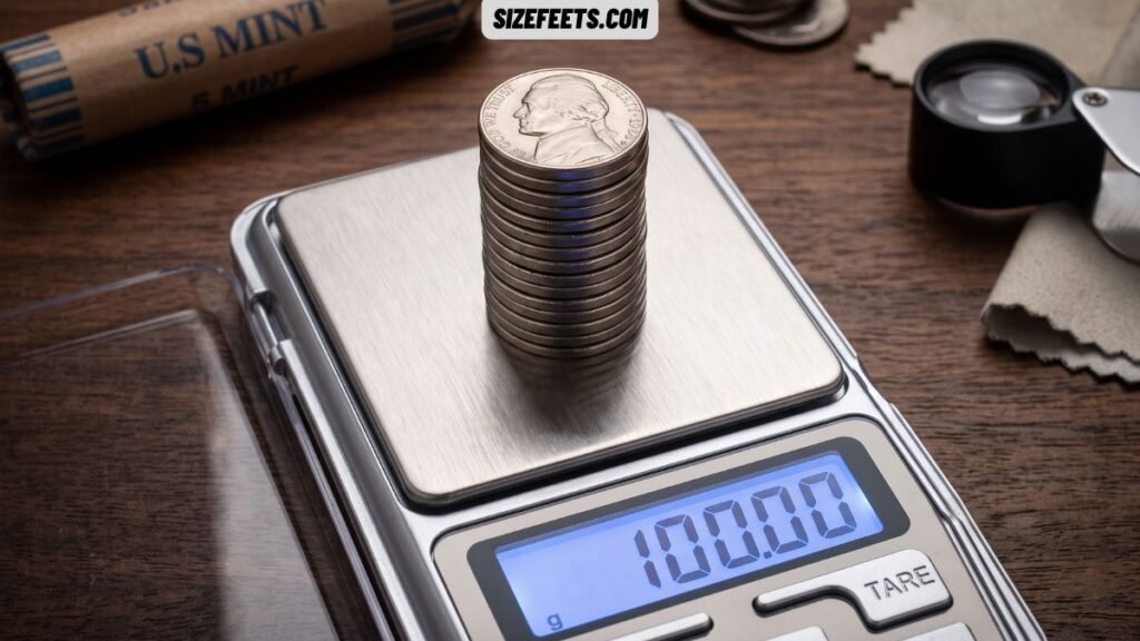A stack of 20 US nickels that weigh exactly 100 grams, a common answer to what weighs 100 grams