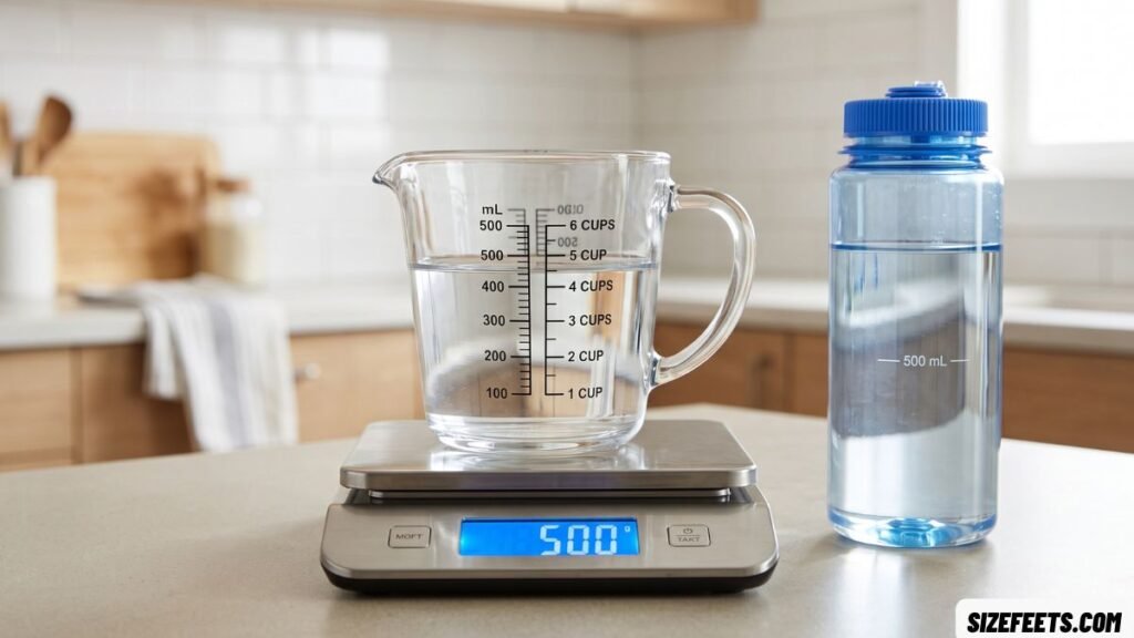 A measuring cup holding 500 mL of water, which weighs 500 grams