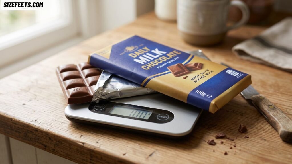 A 100 gram chocolate bar with the weight printed on the wrapper