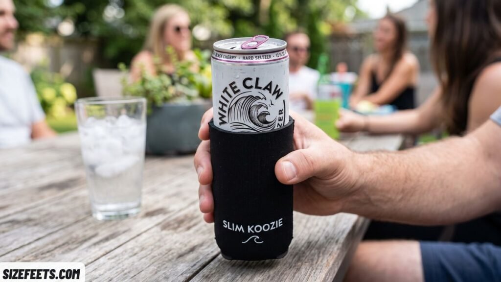 A 12 oz slim can inside a koozie showing what fits the slim can koozie dimensions