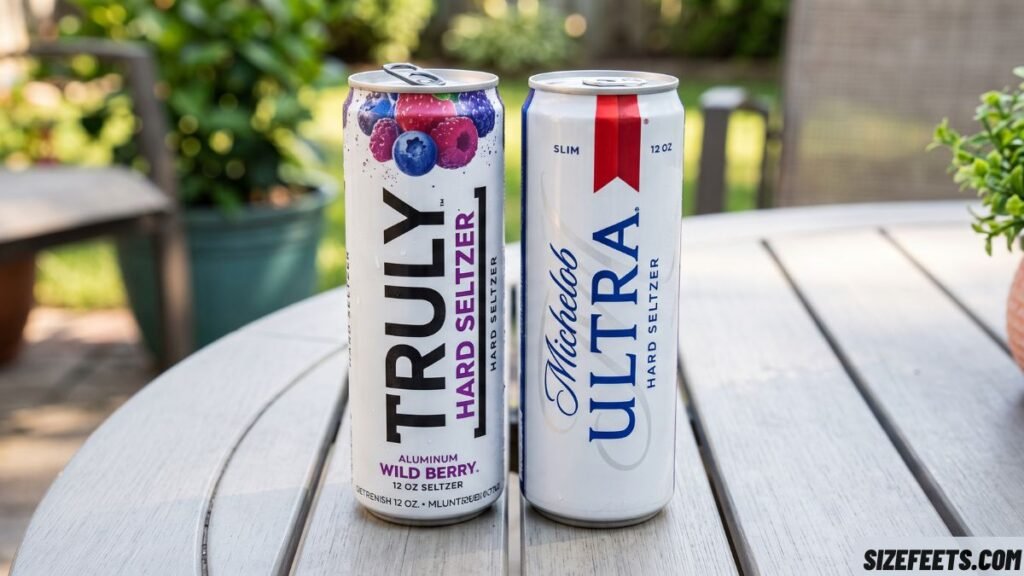 A 12 oz Truly can next to a White Claw showing the same slim white claw can size