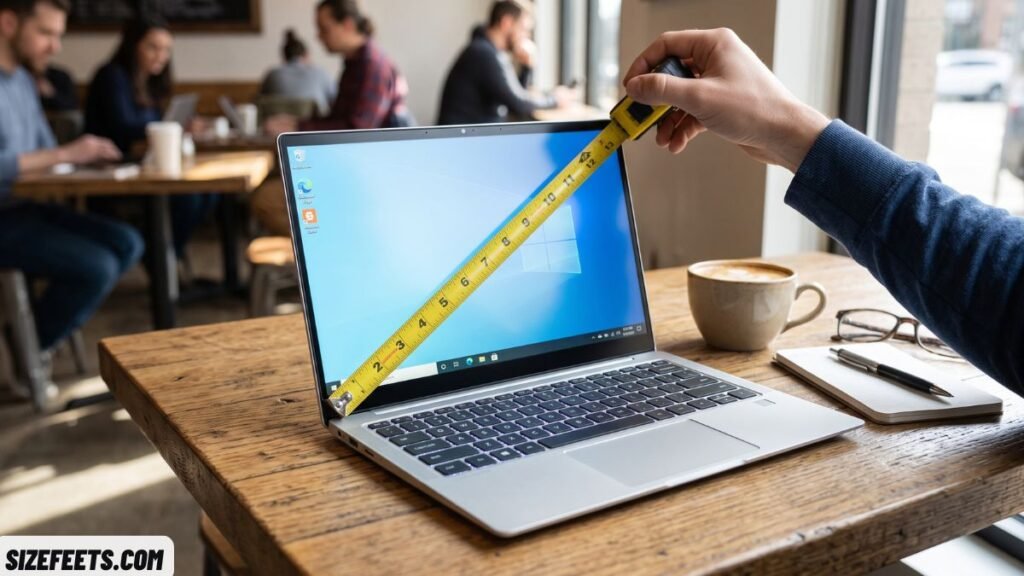 A 13-inch laptop with its screen measured diagonally to show how big 13 inches is