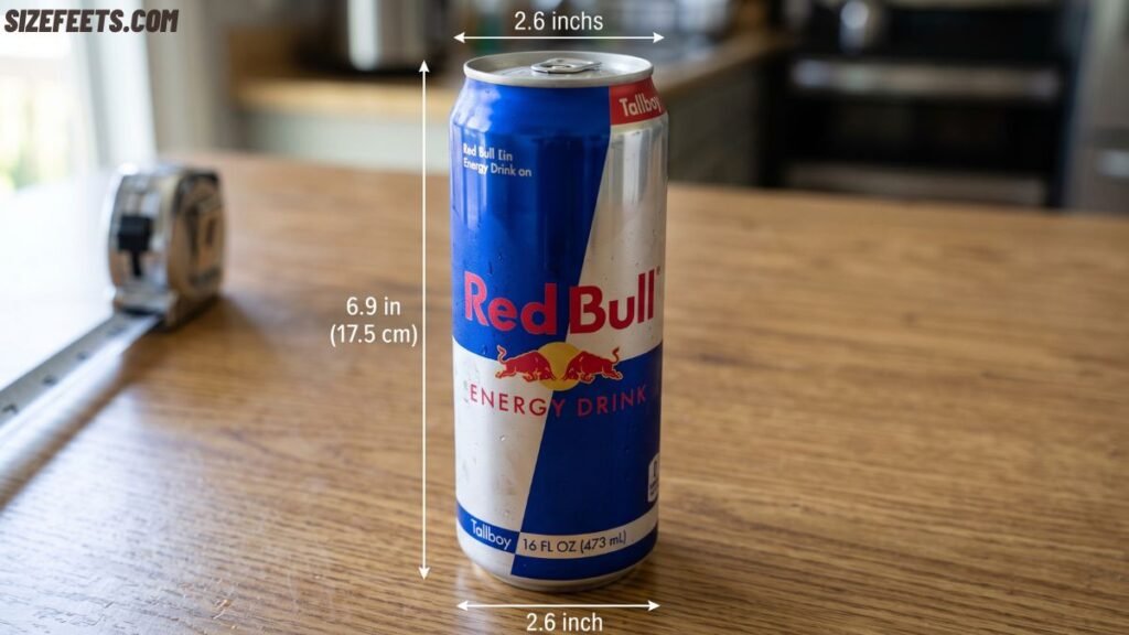 A 16 oz Red Bull tallboy showing the larger size next to the classic can in how tall is a Red Bull can