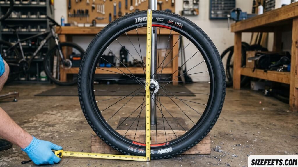 A 26-inch bike wheel showing 26 inch in feet as 2 feet 2 inches
