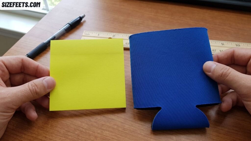 A 4-inch sticky note compared to the flat slim can koozie dimensions