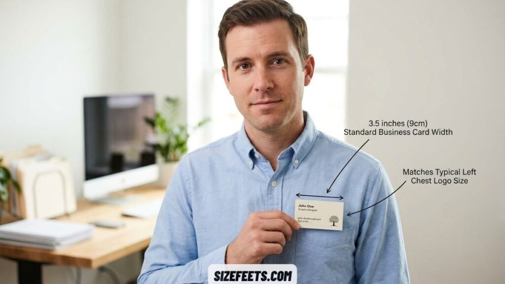 A business card showing the standard left chest logo size width