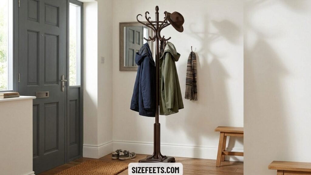 A coat rack about 176cm tall showing 176cm in inches