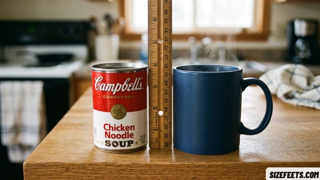 A coffee mug next to a soup can comparing height in soup can dimensions