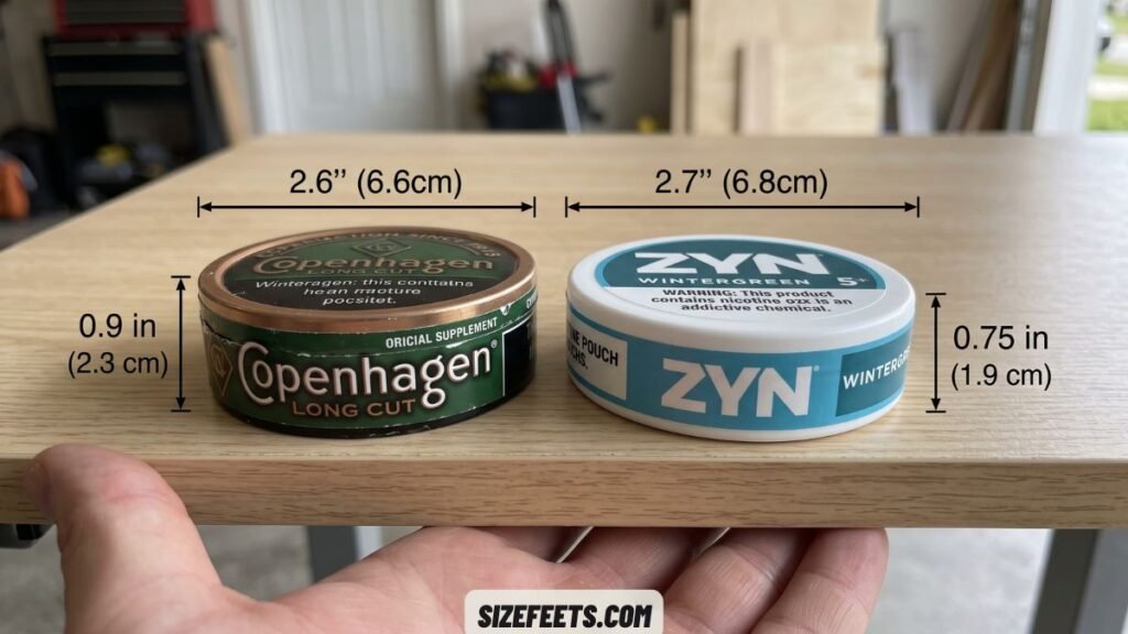 A dip or snuff can next to a ZYN can comparing the container size in zyn can dimensions