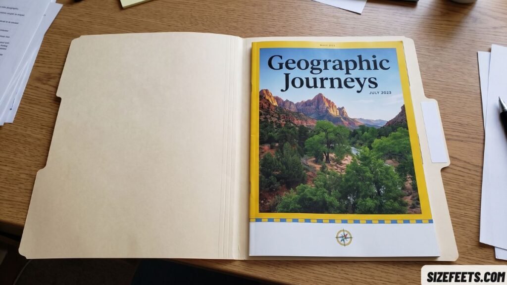 A file folder holding a magazine to show the standard magazine size