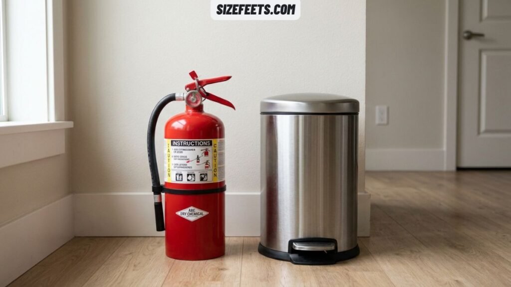 A large fire extinguisher compared to kitchen trash can height