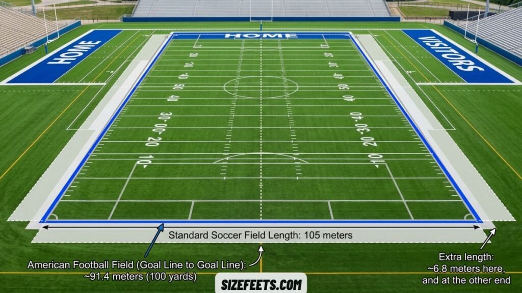 A football field compared to soccer field size in meters