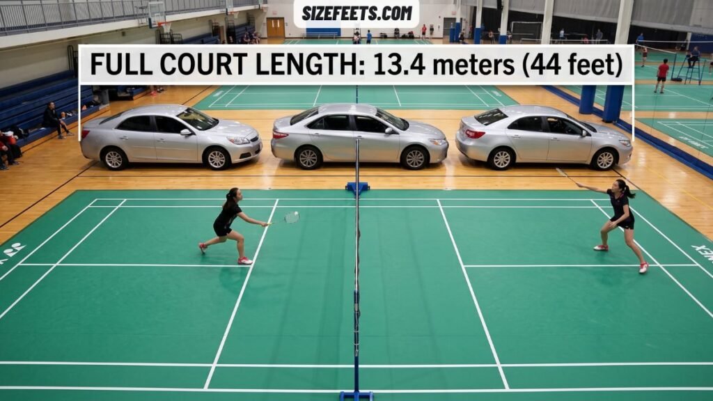 Three cars parked in a row showing the badminton court size in meter for length