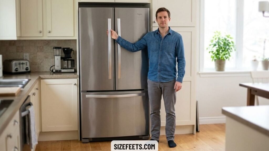 A full-size refrigerator about 176cm tall showing 176cm in inches