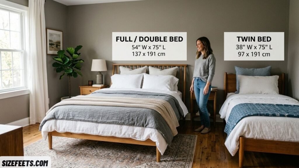 A full double bed compared to queen size bed dimensions in cm
