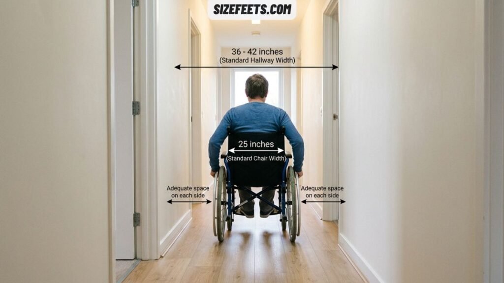 A hallway width showing space needed in a wheelchair size chart