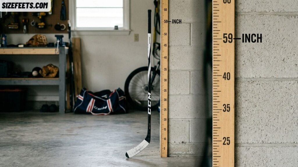 A hockey stick standing upright showing how tall 59 inches is