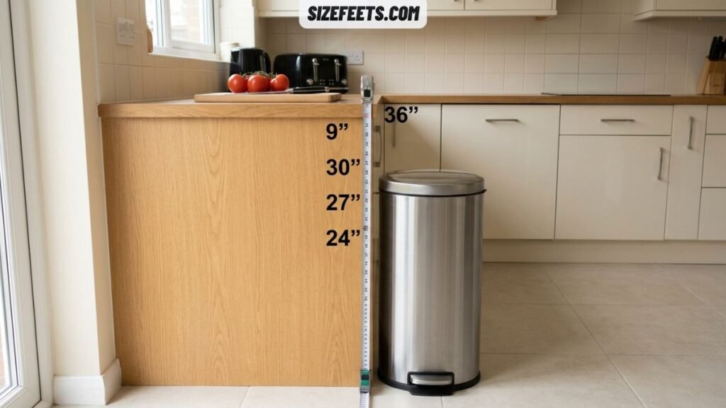 A kitchen counter shown for fit in kitchen trash can height