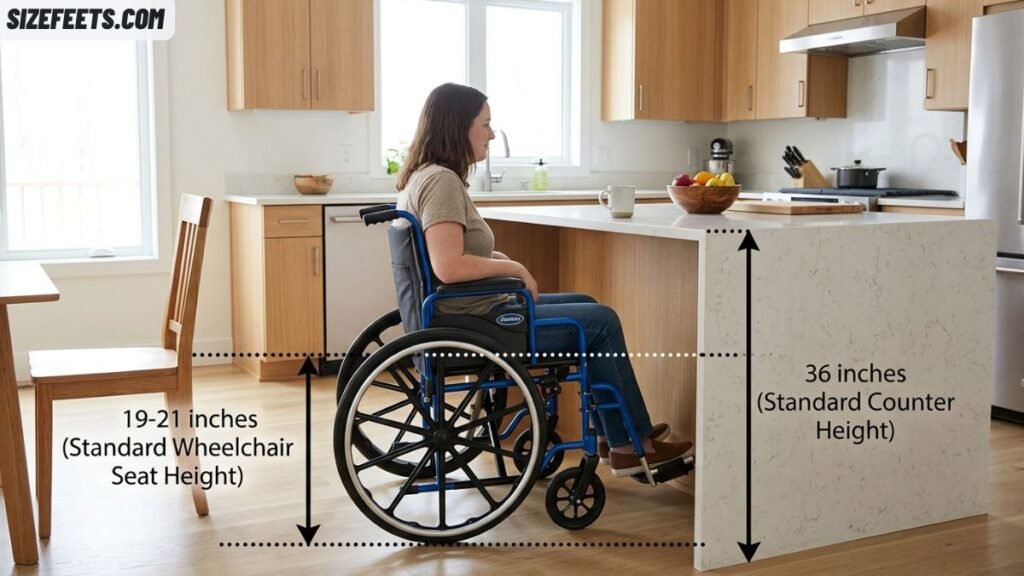 A seat height compared to a chair in a wheelchair size chart