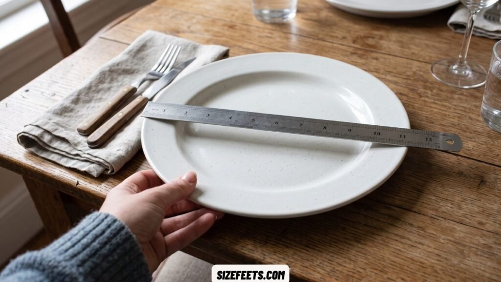 A large dinner plate about 10 inches wide showing how big 10 inches is across