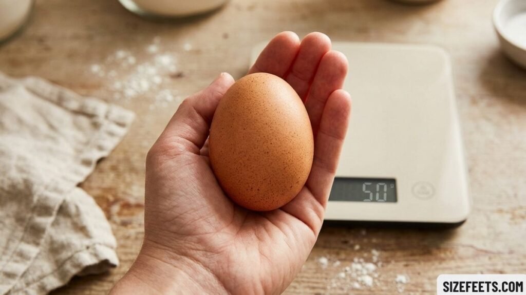 A large egg showing 50 grams in grams visualized