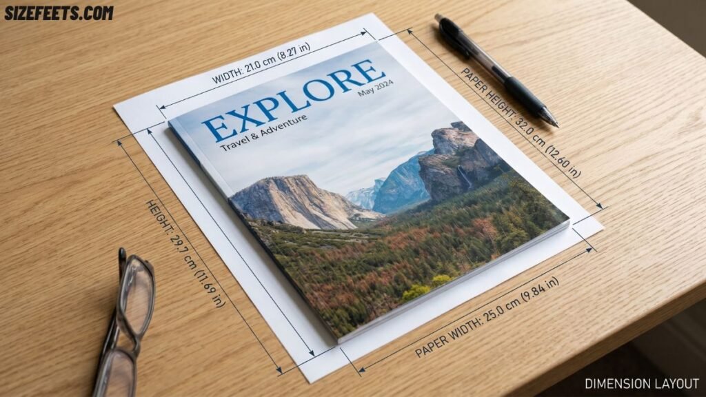 A sheet of letter paper next to a magazine showing the standard magazine size comparison