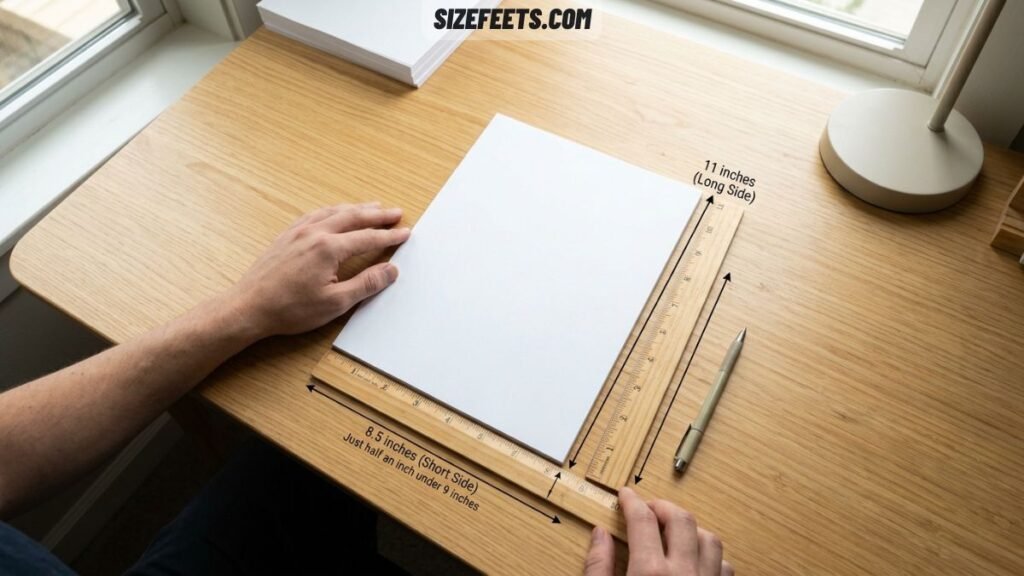 A sheet of paper's short side compared to how long 9 inches is