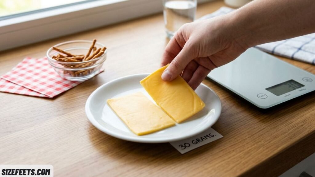  A slice and a half of cheese showing how many ounces is 30g