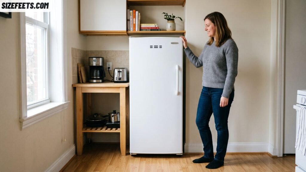 A small refrigerator about 57 inches tall showing how tall 57 inches is