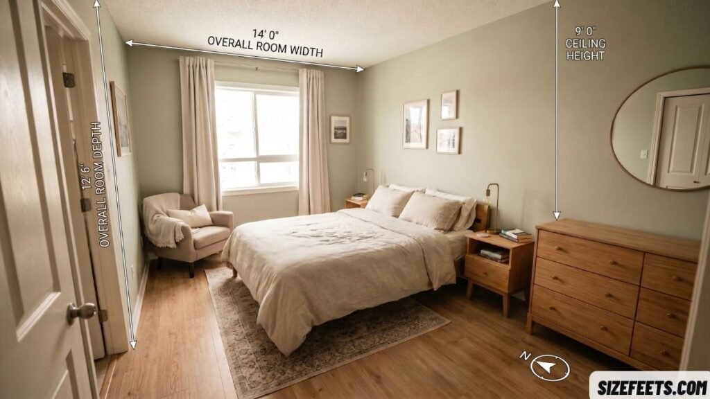 A standard bedroom showing a small average living room size