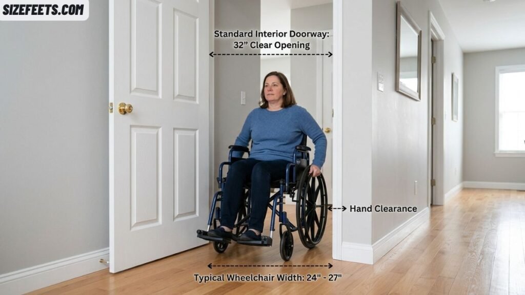A standard interior door shown for fit in a wheelchair size chart
