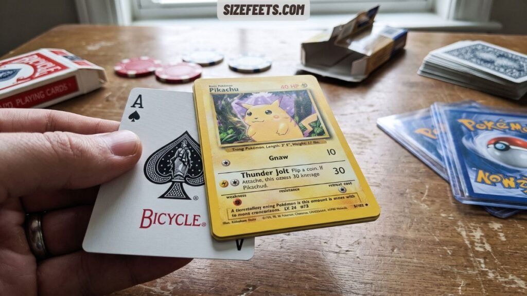 A standard playing card next to a Pokémon card showing what size is a Pokémon card at 2.5 by 3.5 inches