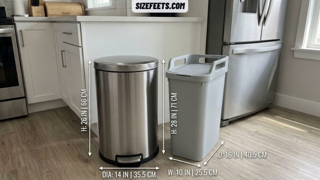 A round kitchen can next to a Slim Jim showing the shape in slim jim trash can sizes