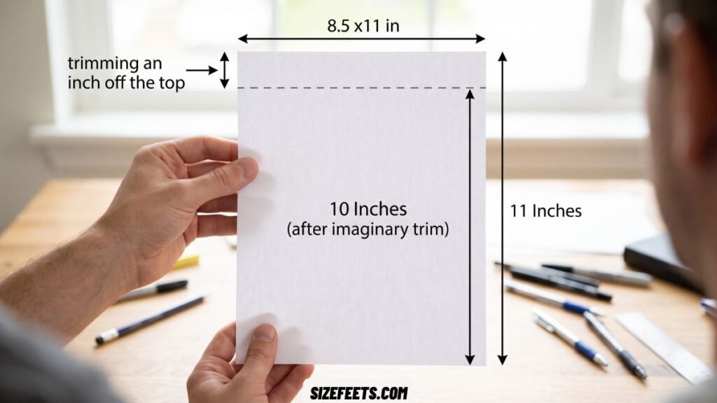 A standard letter-size sheet of paper showing how big 10 inches is compared to its long side