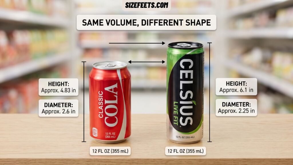 A standard soda can next to a Celsius can comparing height and width in celsius can dimensions