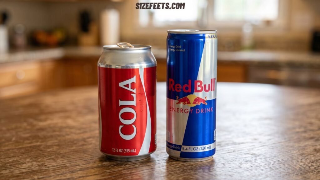 A standard soda can next to a Red Bull showing how tall is a Red Bull can by comparison