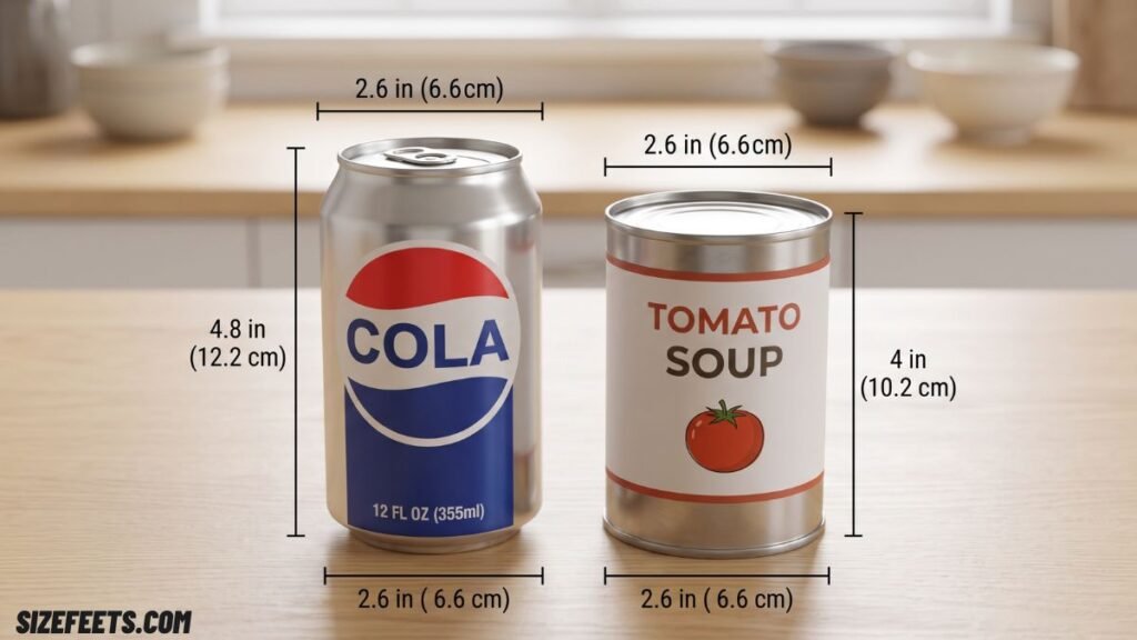 A standard soda can next to a soup can matching the diameter in soup can dimensions