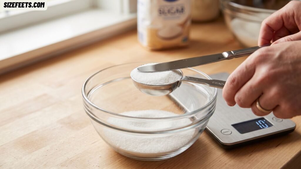 A tablespoon of sugar weighing about 10 grams as a kitchen reference