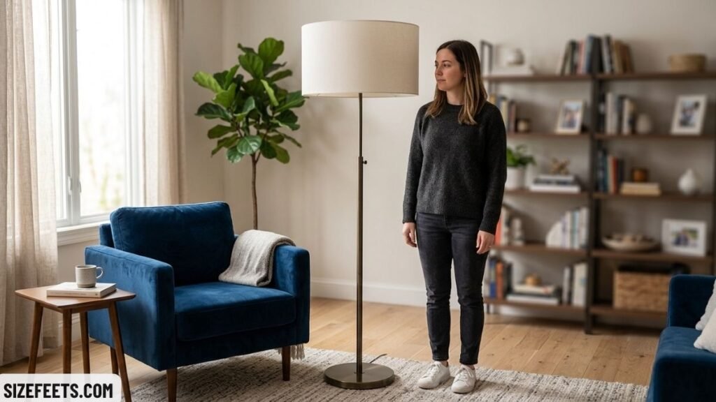 A tall floor lamp about 1.68m tall showing 1.68m to ft