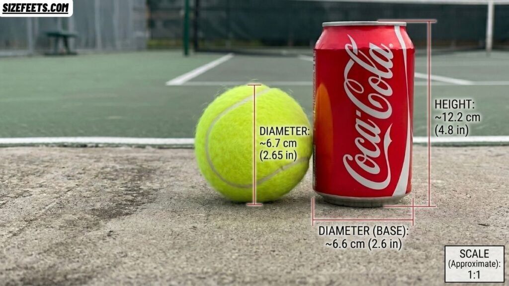 Yellow tennis ball beside a soda can showing they share the same coke can diameter
