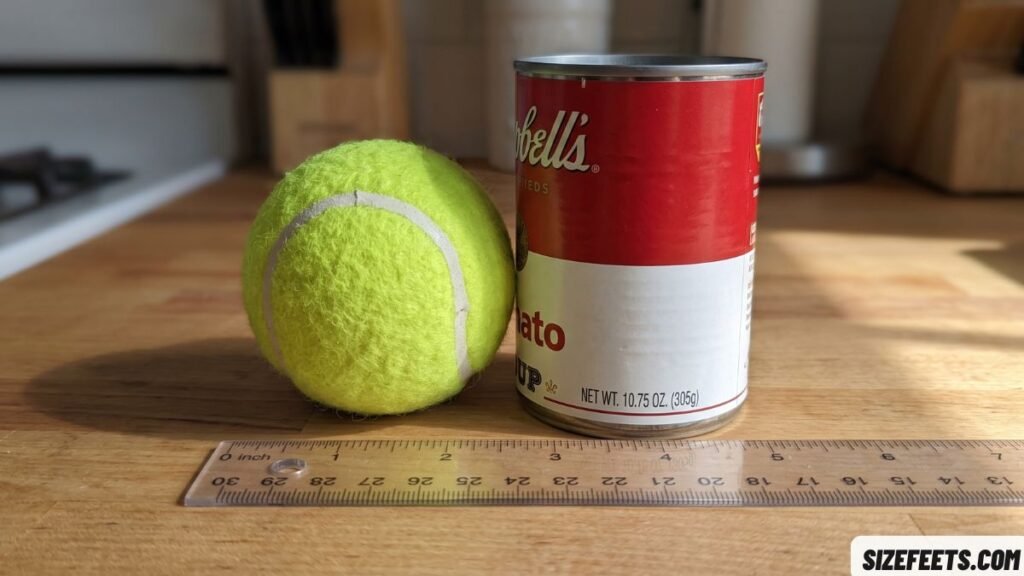 A tennis ball beside a soup can matching the diameter in soup can dimensions
