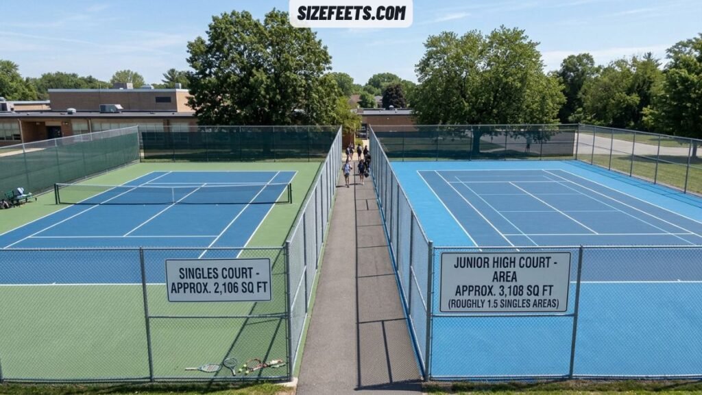 A tennis singles court showing how many square feet is a basketball court for junior high