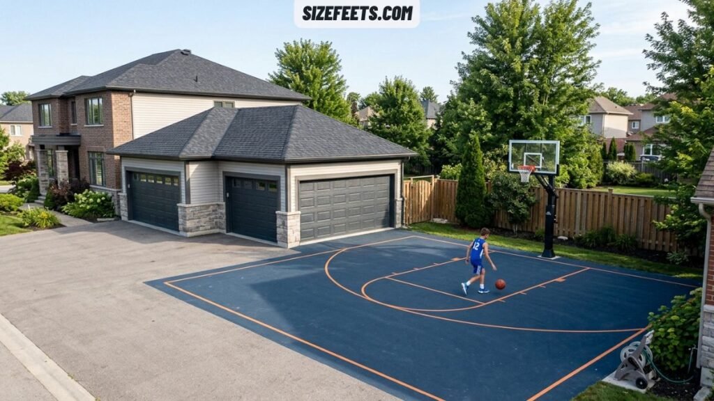 A two-car garage showing how many square feet is a basketball court for a home half-court