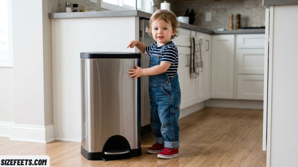 A two-year-old child compared to kitchen trash can height