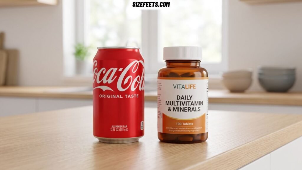 A large vitamin bottle standing next to a soda can showing similar coke can height