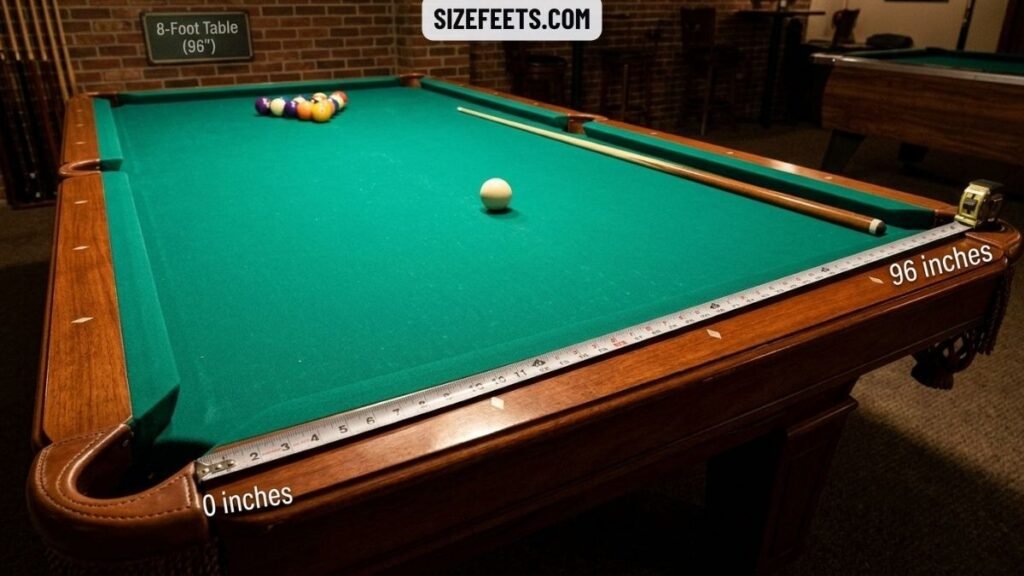 An 8-foot pool table showing what is 96 inches in feet