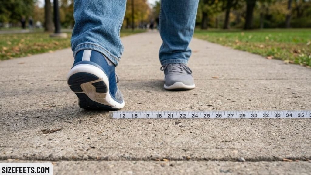 An adult's walking step showing 24 inches compared to human