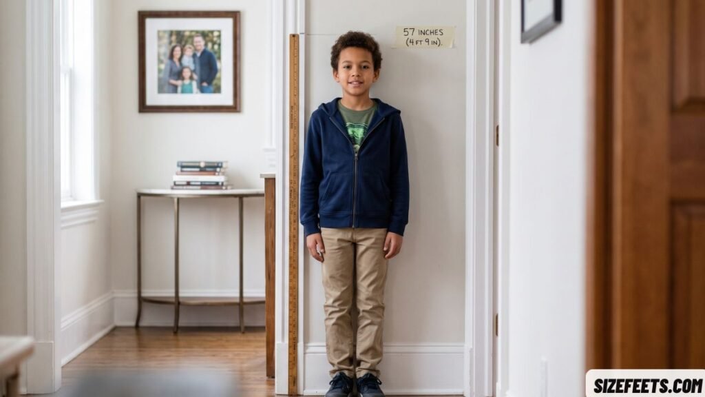 An average 12-year-old child standing to show how tall 57 inches is