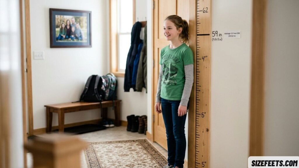 An average 13-year-old child standing to show how tall 59 inches is